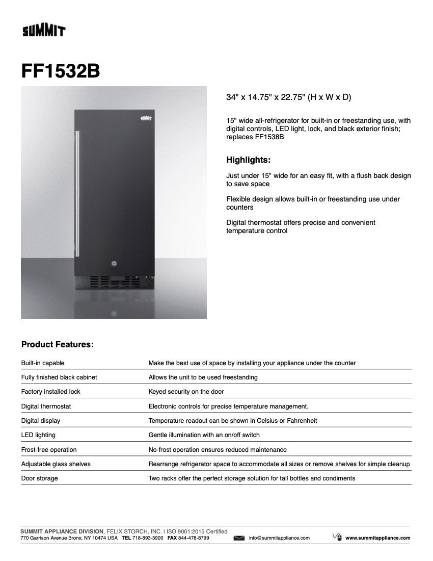 SUMMIT 15 in. Built-In All-Refrigerator (FF1532B) 