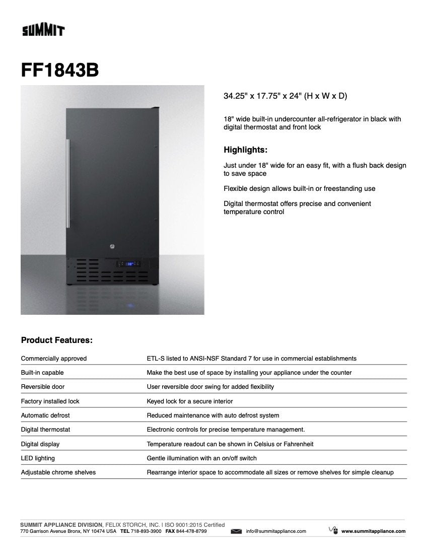 SUMMIT 18 in. Built-In All-Refrigerator (FF1843B) 