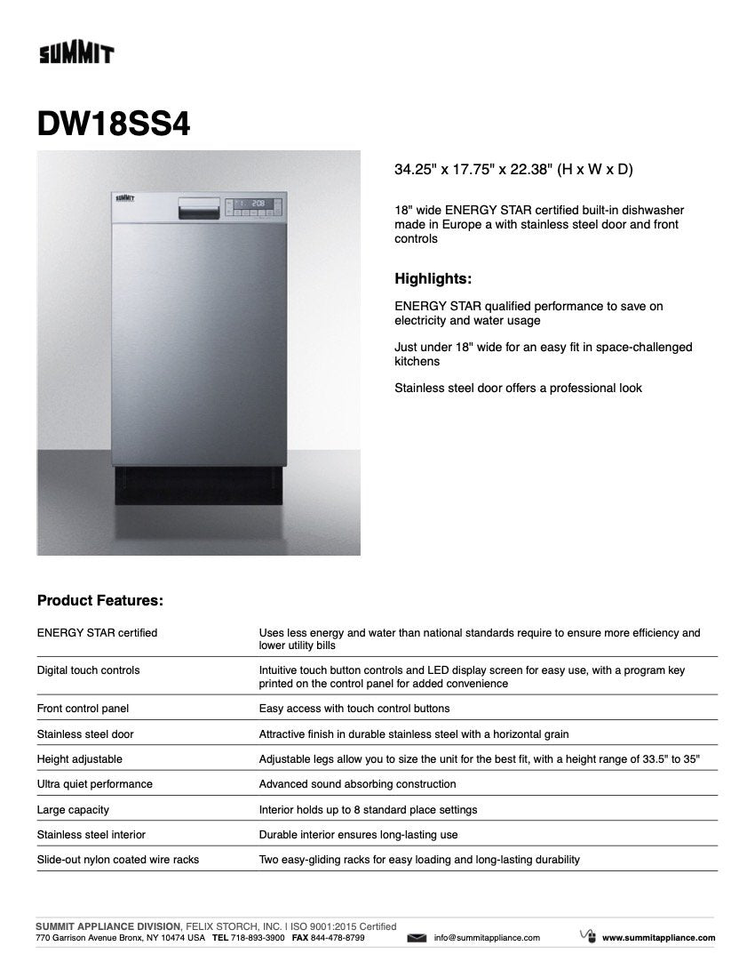 SUMMIT 18 in. Built-In Dishwasher in Stainless Steel (DW18SS4) 