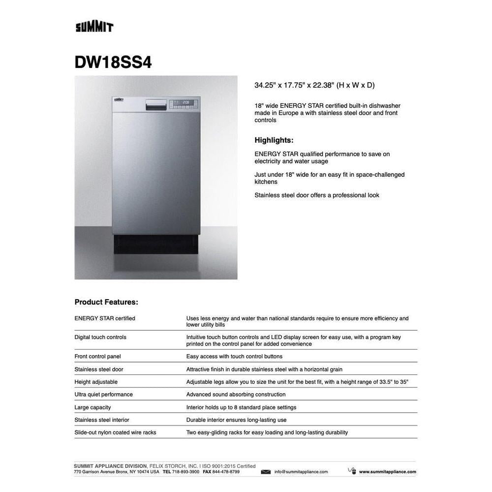 SUMMIT 18 in. Built-In Dishwasher in Stainless Steel (DW18SS4) 