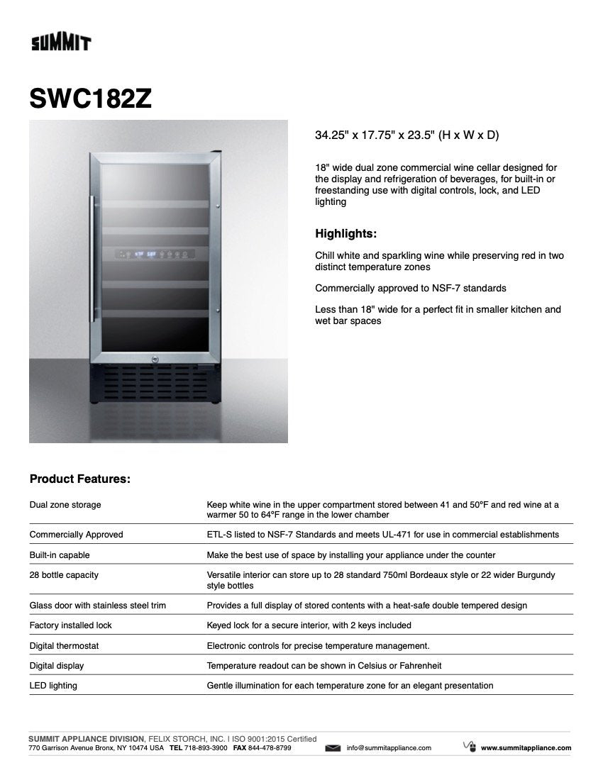 SUMMIT 18 in. Built-In Wine Cellar (SWC182Z) 