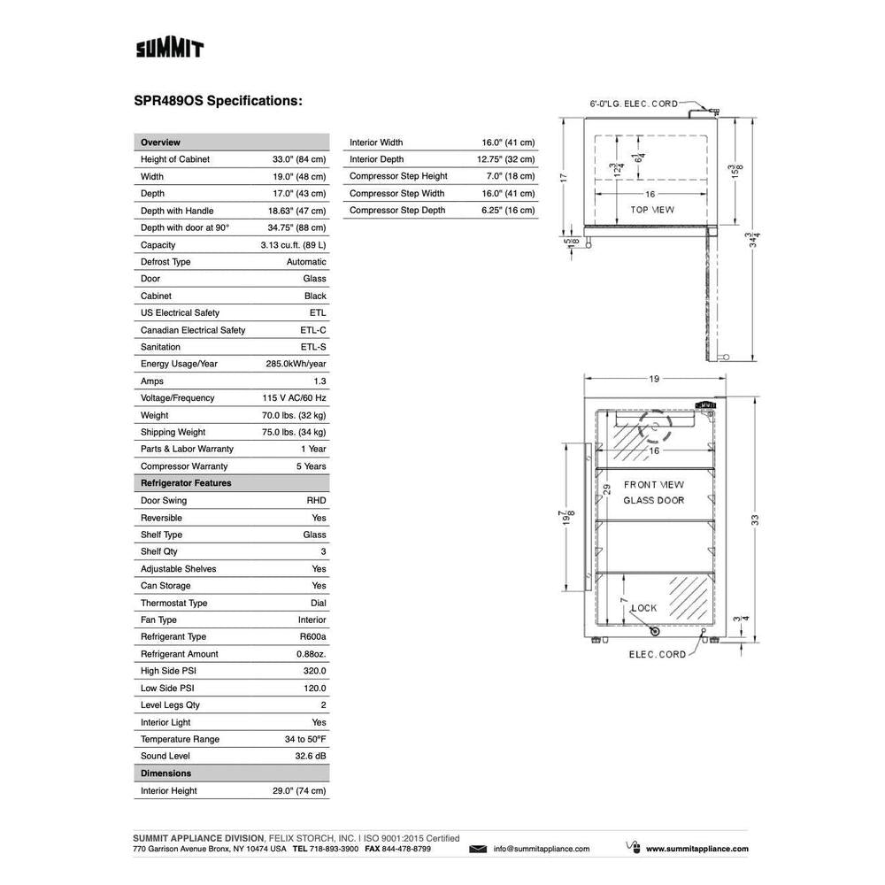 SUMMIT 19 in. Shallow Depth Indoor/Outdoor Beverage Cooler (SPR489OS) 