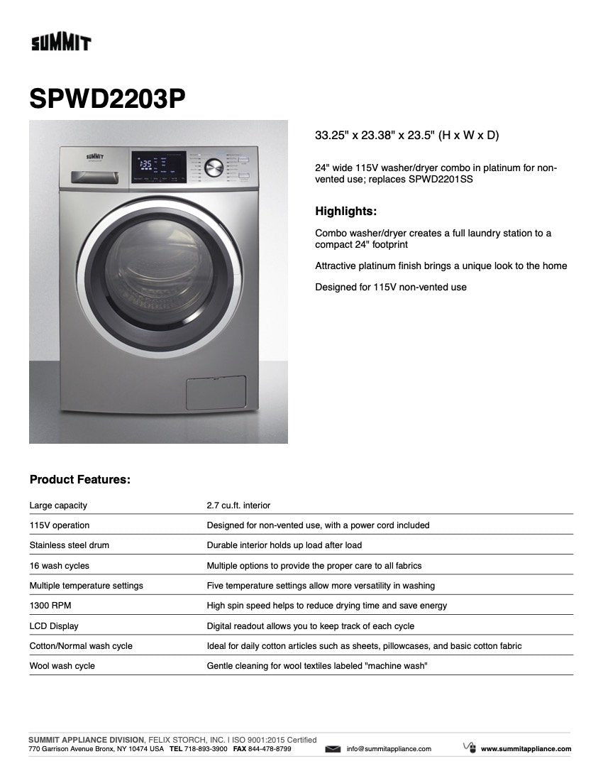 SUMMIT 24 in. 115V Washer/Dryer Combo (SPWD2203P) 