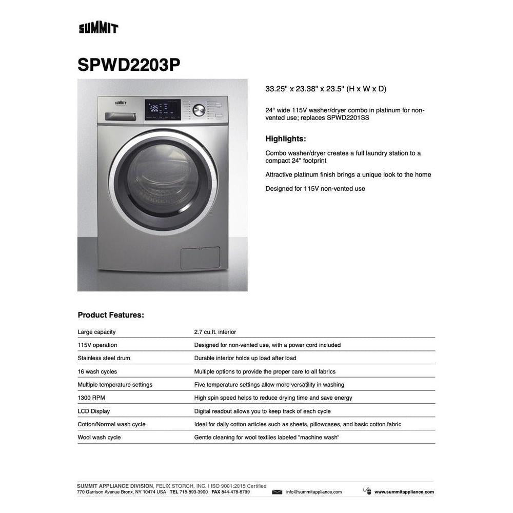 SUMMIT 24 in. 115V Washer/Dryer Combo (SPWD2203P) 
