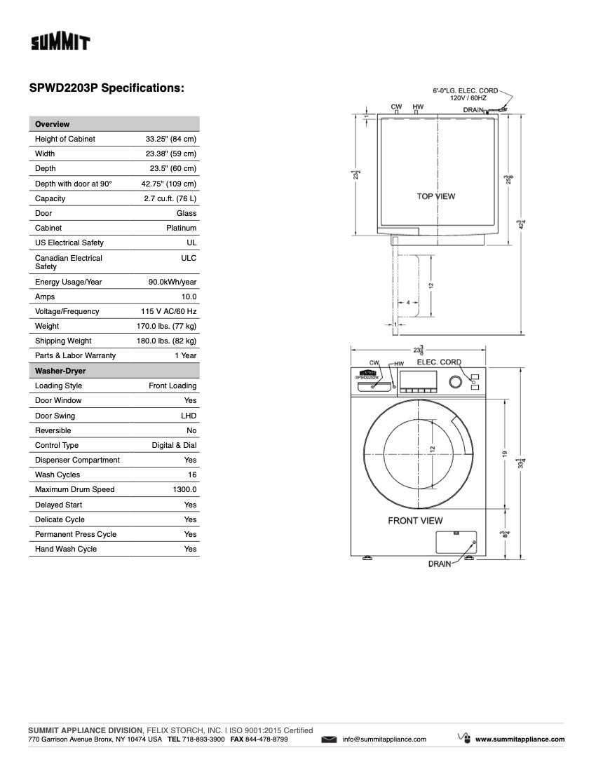 SUMMIT 24 in. 115V Washer/Dryer Combo (SPWD2203P) 