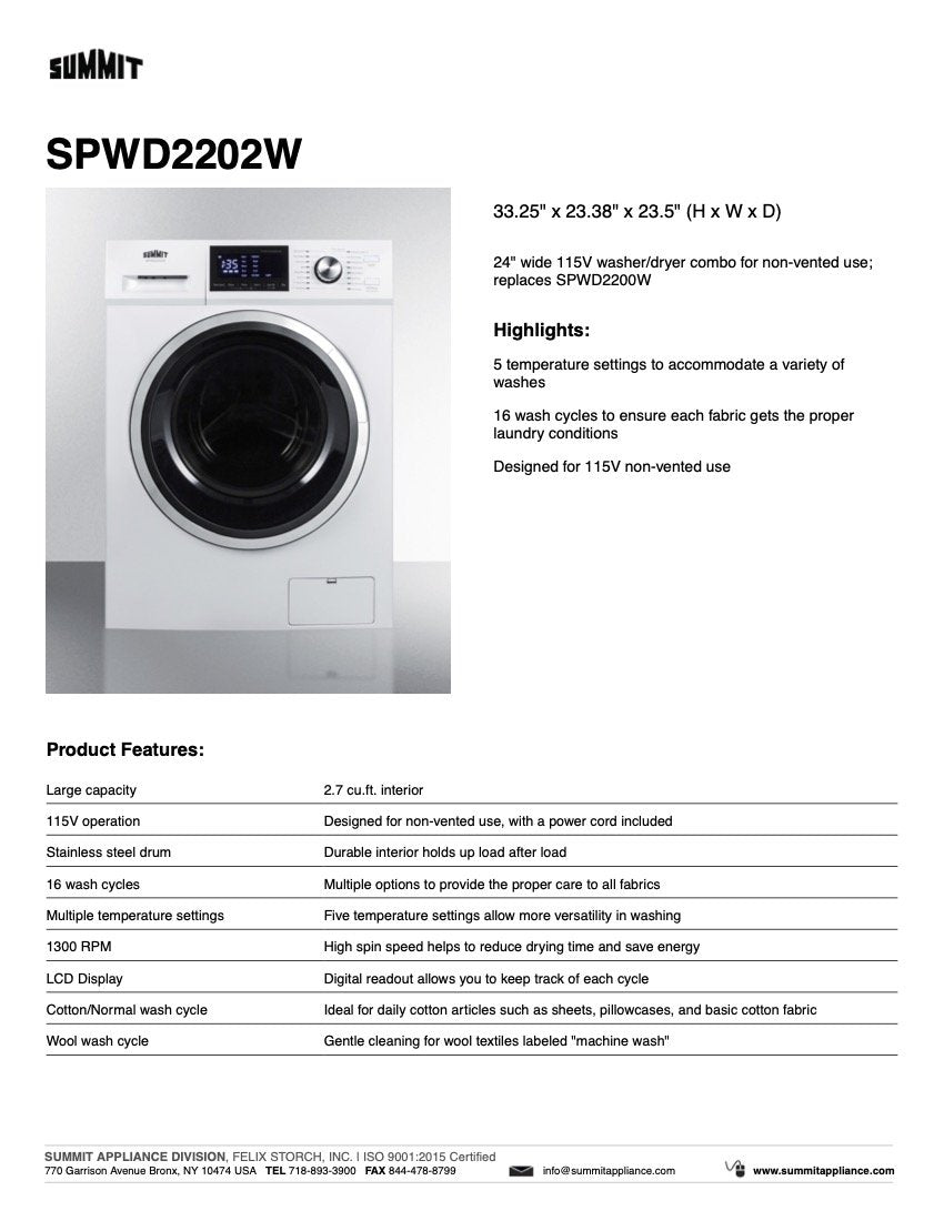 SUMMIT 24 in. 115V Washer/Dryer Combo in White (SPWD2202W) 