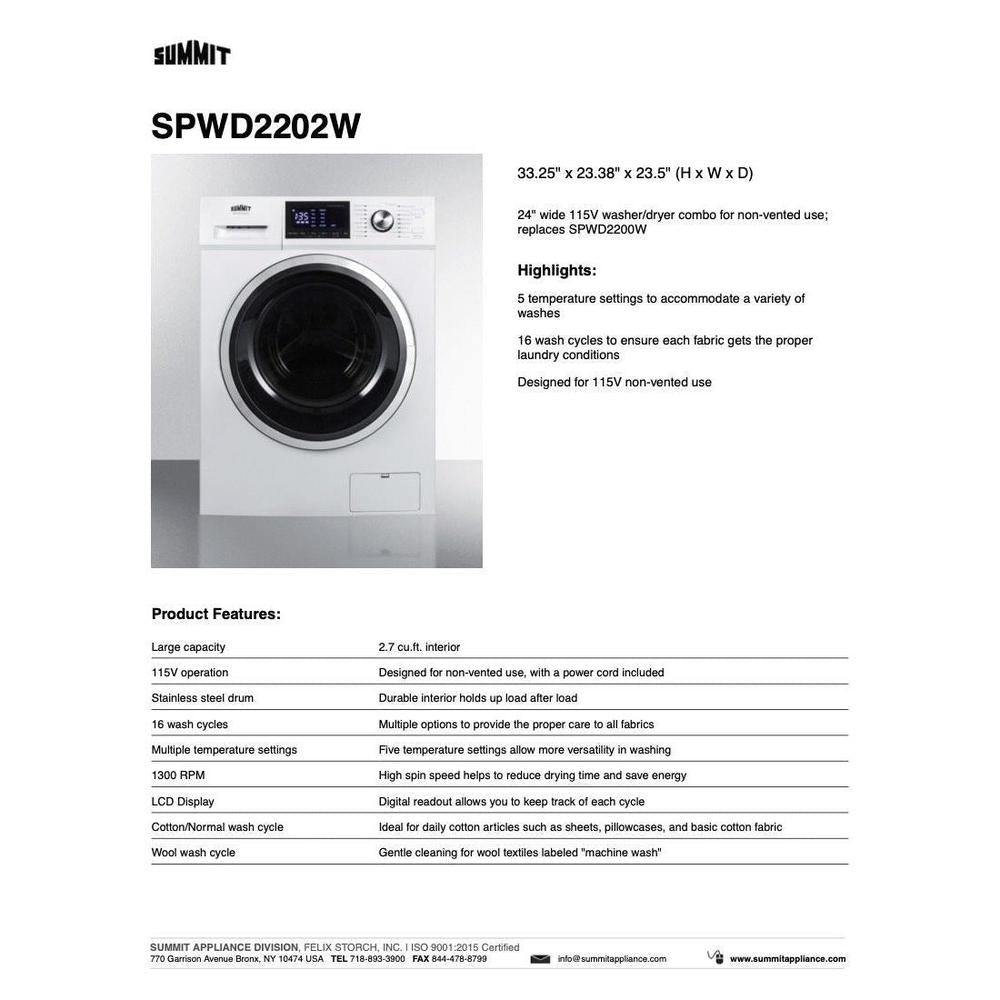 SUMMIT 24 in. 115V Washer/Dryer Combo in White (SPWD2202W) 