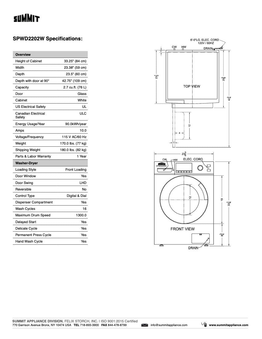 SUMMIT 24 in. 115V Washer/Dryer Combo in White (SPWD2202W) 