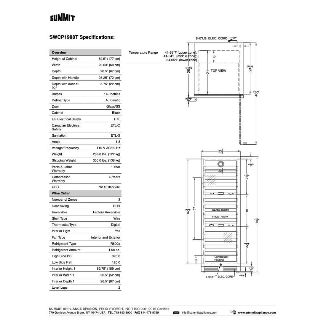 SUMMIT 24 in. 149-Bottle Triple Zone Wine Cellar (SWCP1988T) 