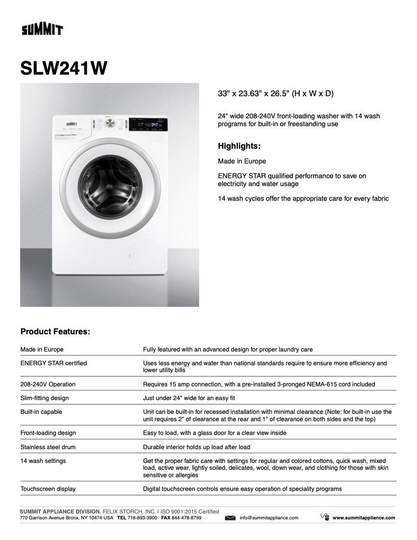 SUMMIT 24 in. 208-240V Front-Loading Washer (SLW241W) 