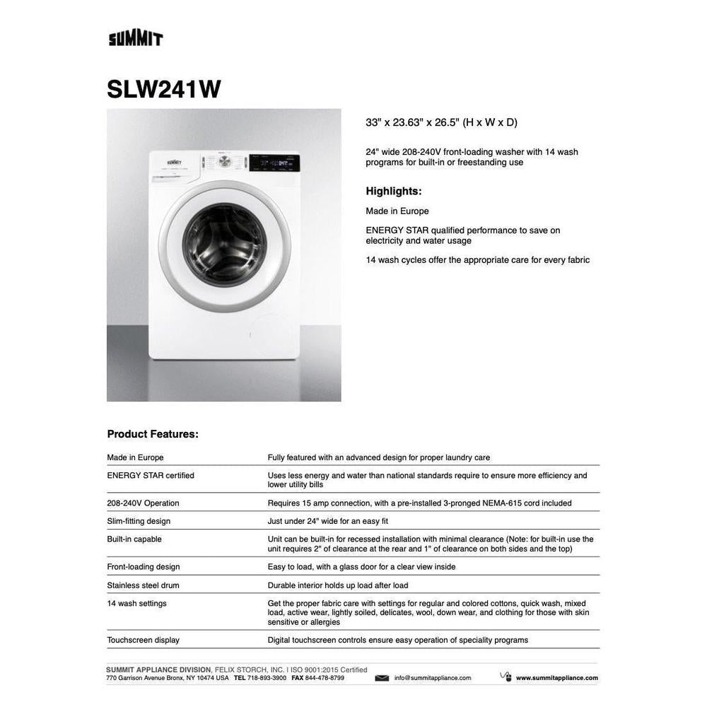SUMMIT 24 in. 208-240V Front-Loading Washer (SLW241W) 