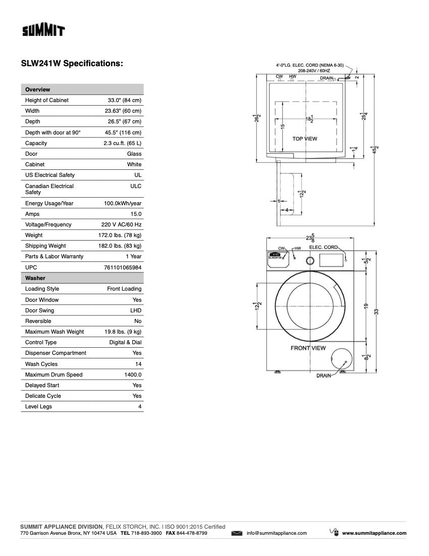 SUMMIT 24 in. 208-240V Front-Loading Washer (SLW241W) 