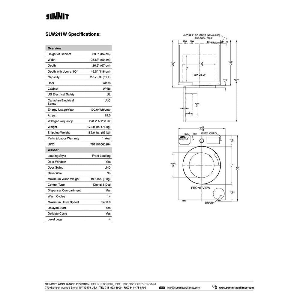 SUMMIT 24 in. 208-240V Front-Loading Washer (SLW241W) 