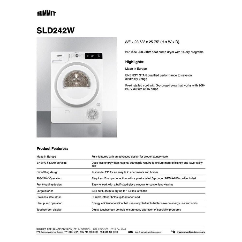 SUMMIT 24 in. 208-240V Heat Pump Dryer in White (SLD242W) 