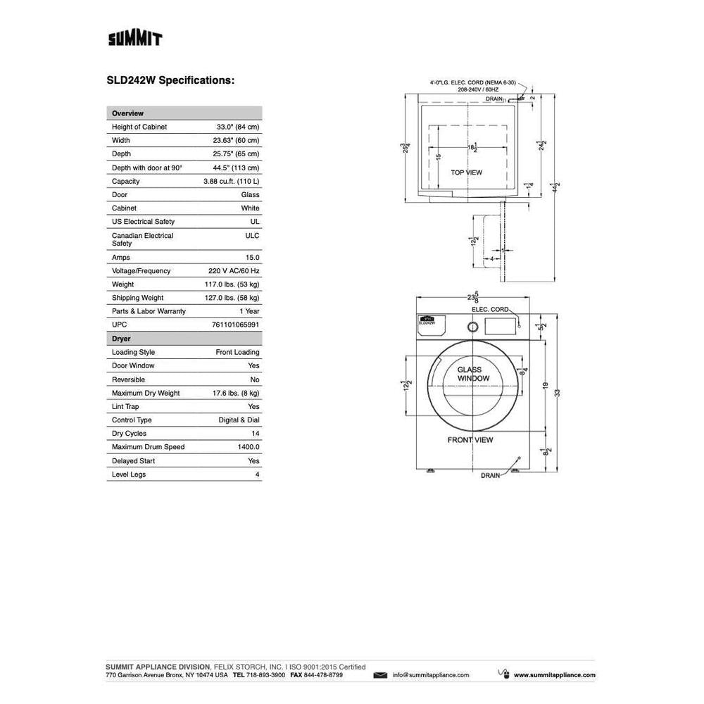 SUMMIT 24 in. 208-240V Heat Pump Dryer in White (SLD242W) 