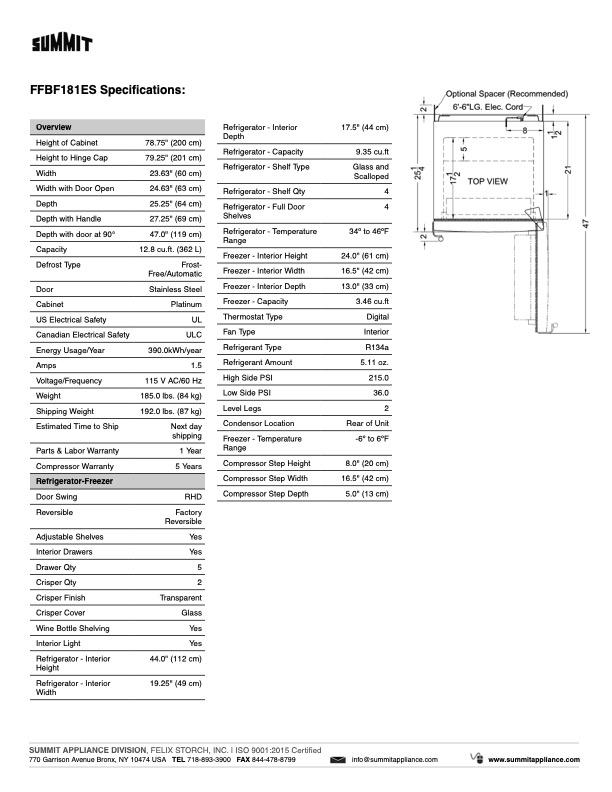 SUMMIT 24 in. Bottom Freezer Refrigerator (FFBF181ES) 