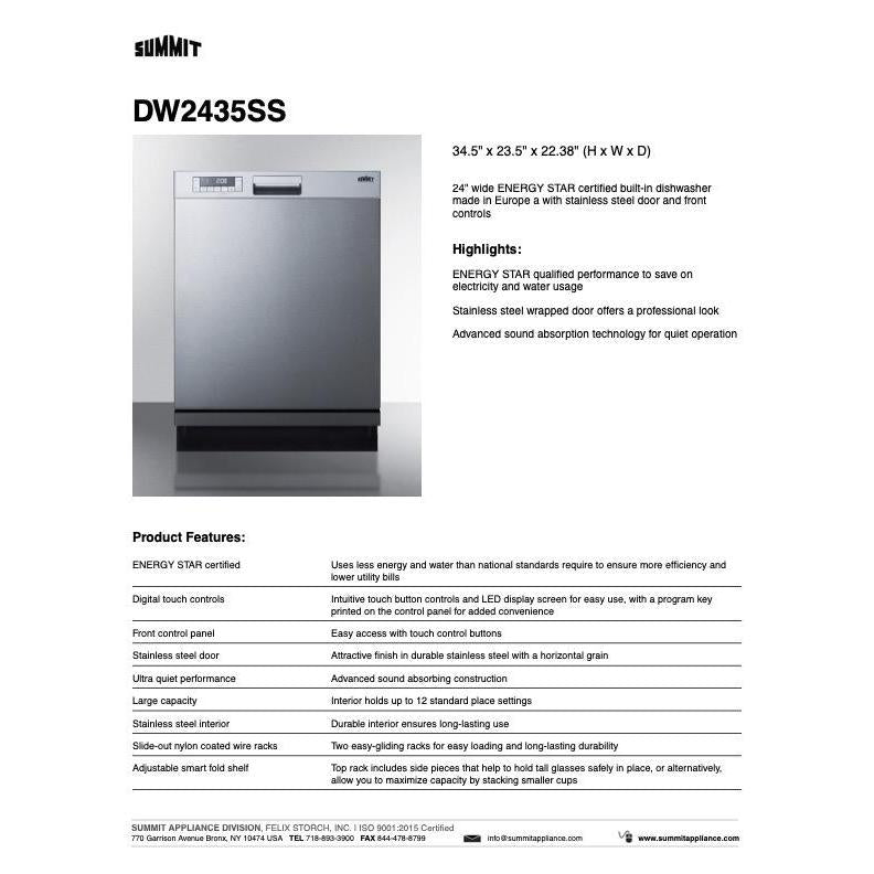 SUMMIT 24 in. Built-In Dishwasher in Stainless Steel (DW2435SS) 