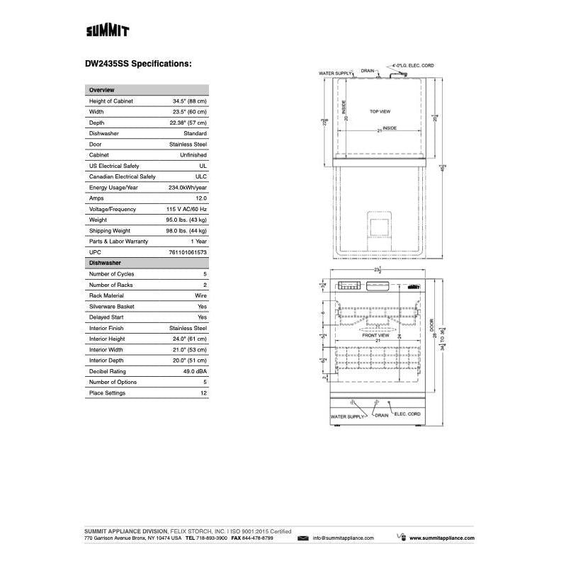 SUMMIT 24 in. Built-In Dishwasher in Stainless Steel (DW2435SS) 