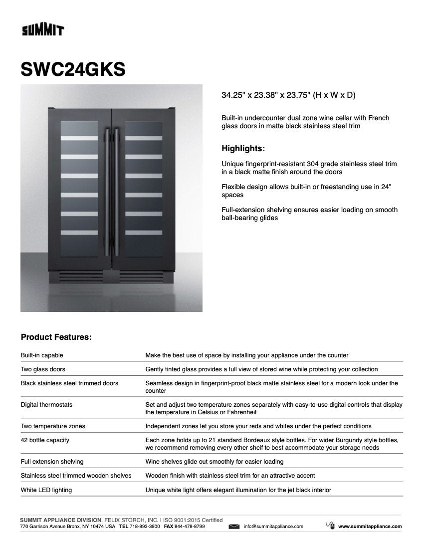 SUMMIT 24 in. Built-In Undercounter Wine Cellar in Black Matte (SWC24GKS) 