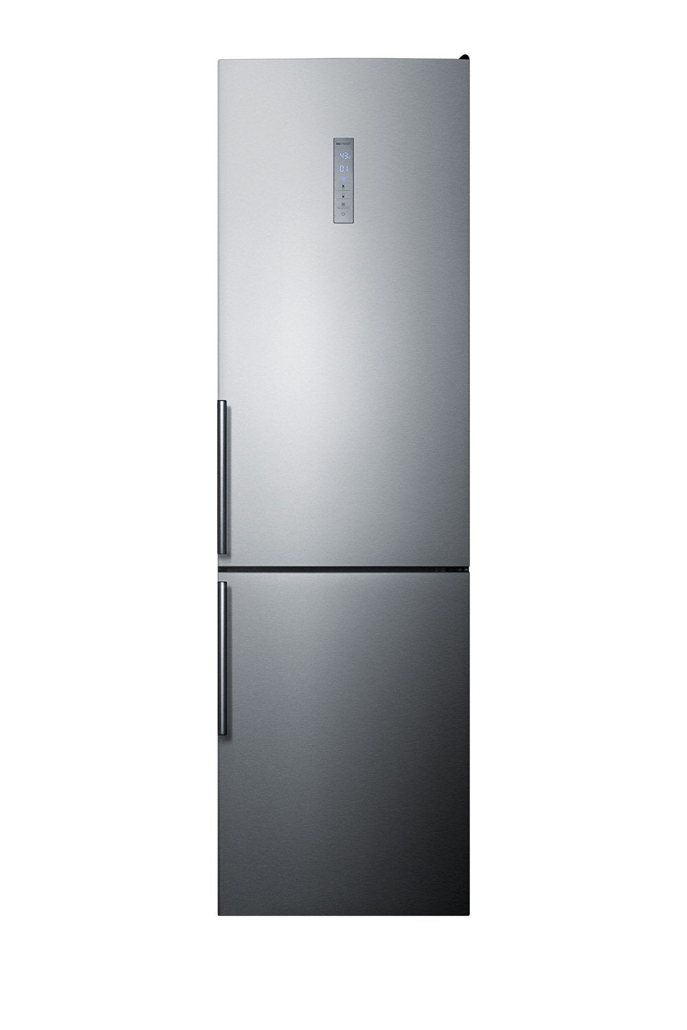 SUMMIT 24 in. Counter-Depth Bottom Freezer Refrigerator (FFBF192SS) front, closed.