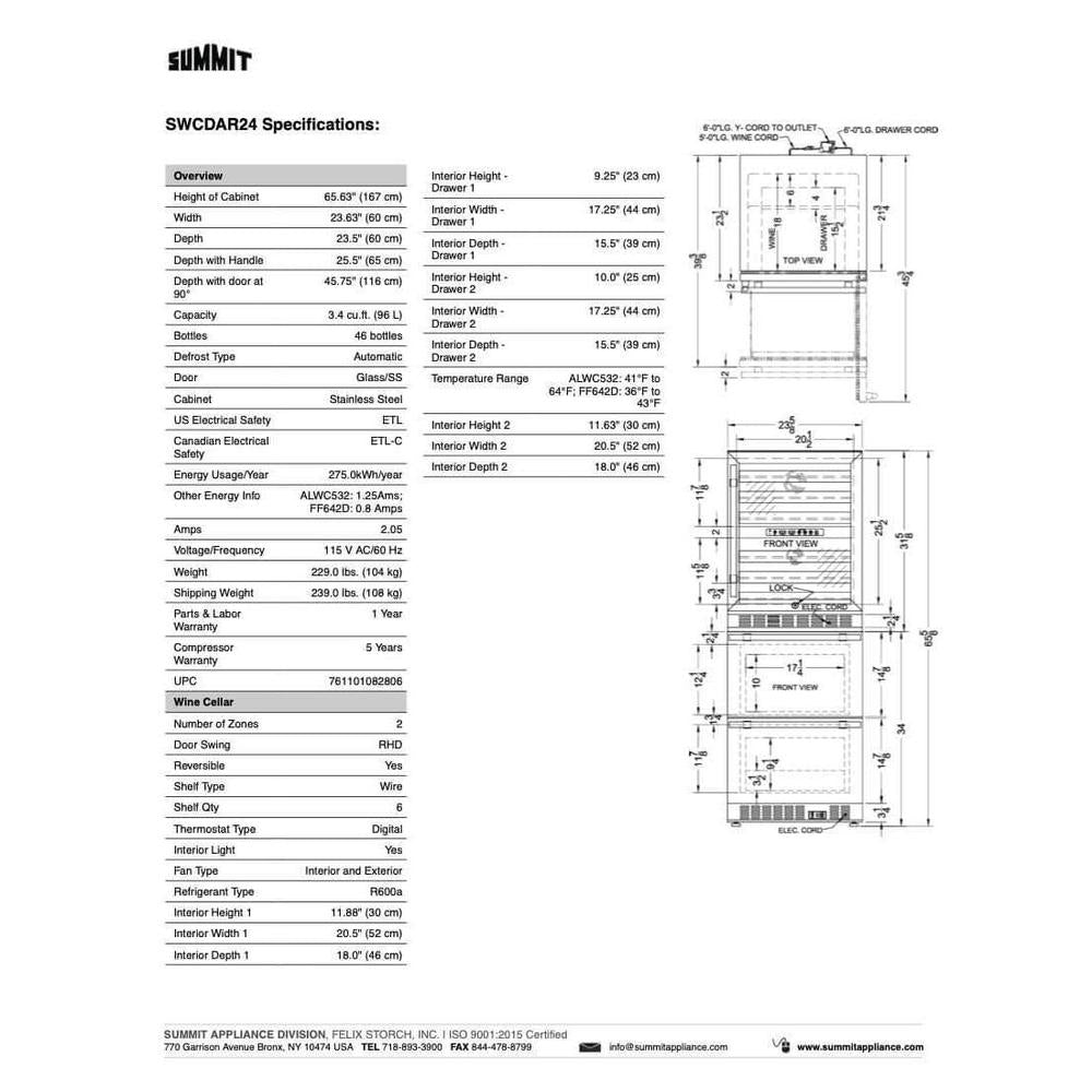 SUMMIT 24 in. Dual-Zone Wine Cellar and 2-Drawer All-Refrigerator (SWCDAR24) 
