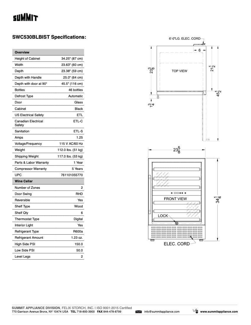 SUMMIT 24 in. Undercounter Built-In Wine Cellar (SWC530BLBIST) 