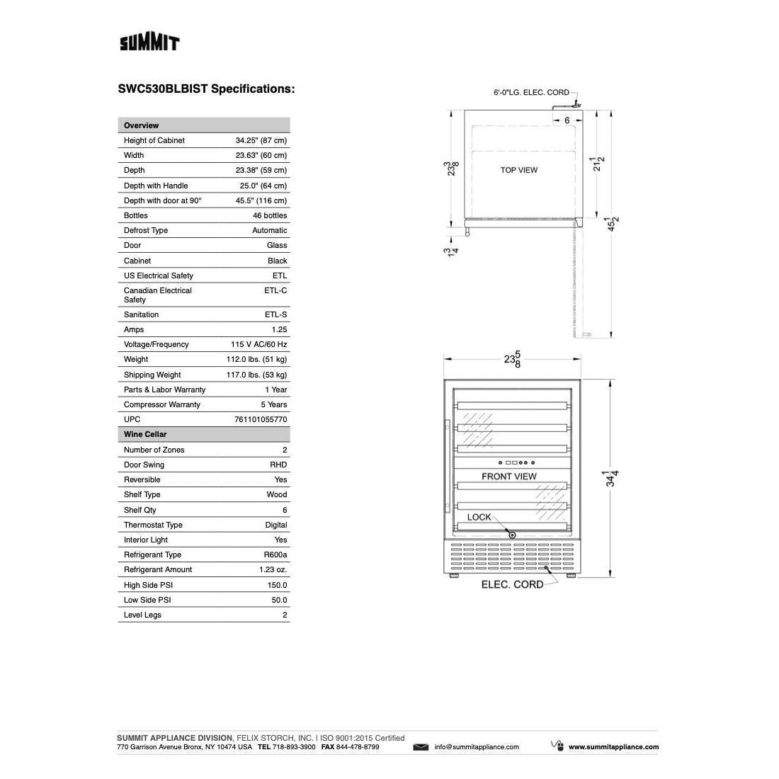 SUMMIT 24 in. Undercounter Built-In Wine Cellar (SWC530BLBIST) 