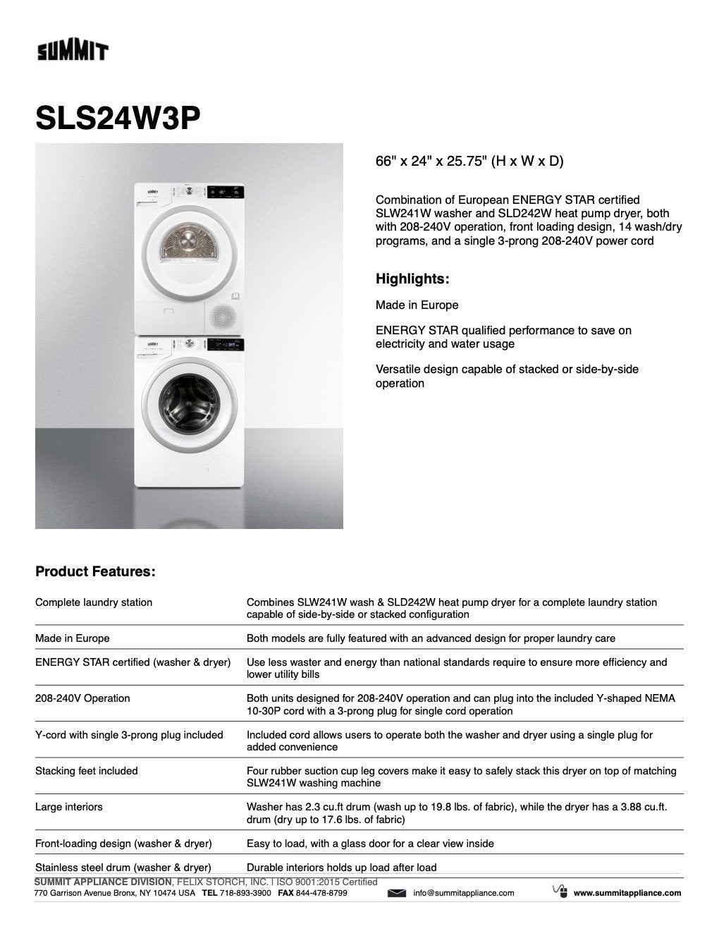 SUMMIT 24 in. Washer/Heat Pump Dryer Combination (SLS24W3P) 