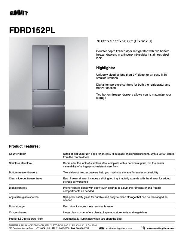 SUMMIT 27.5 in. Counter-Depth French Door Refrigerator-Freezer (FDRD152PL) 