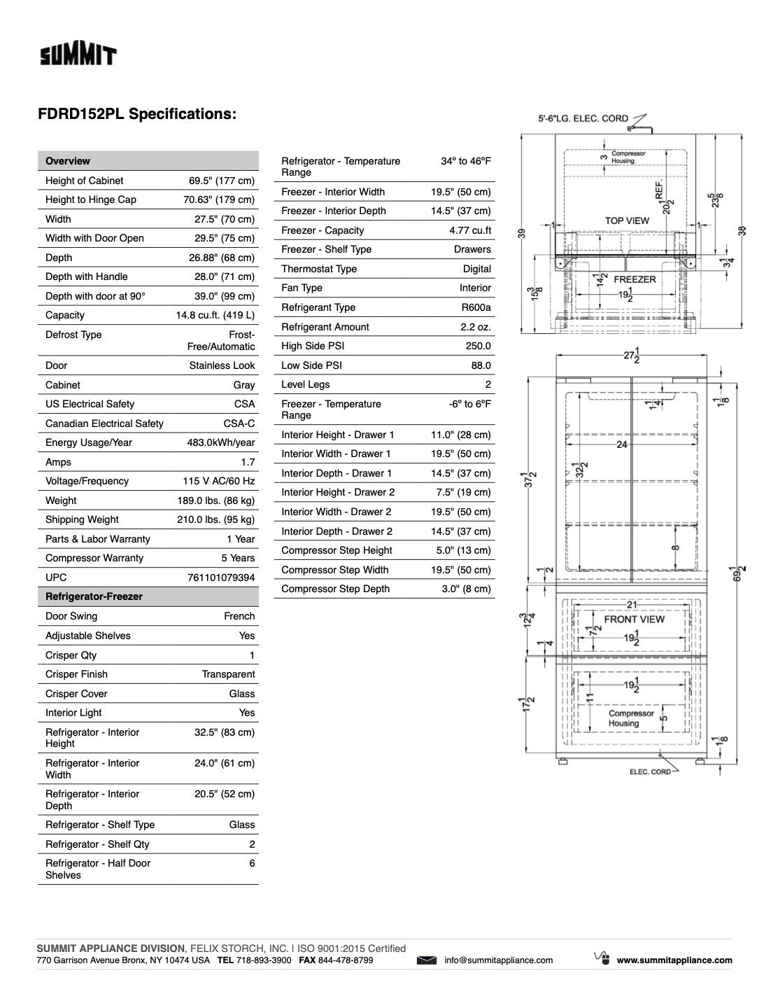 SUMMIT 27.5 in. Counter-Depth French Door Refrigerator-Freezer (FDRD152PL) 