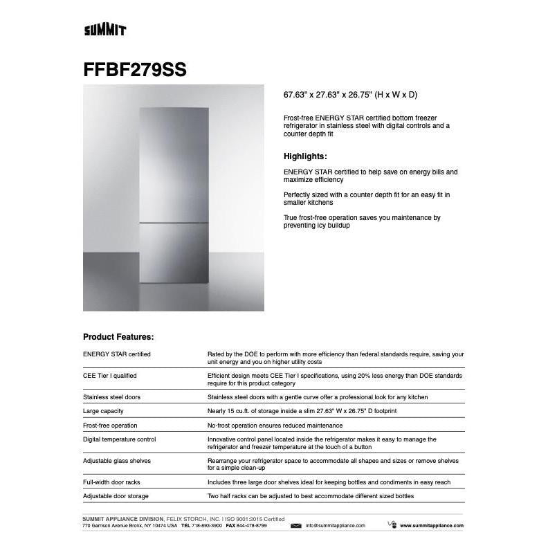 SUMMIT 28 in. Bottom Freezer Refrigerator in Stainless Steel (FFBF279SS) 