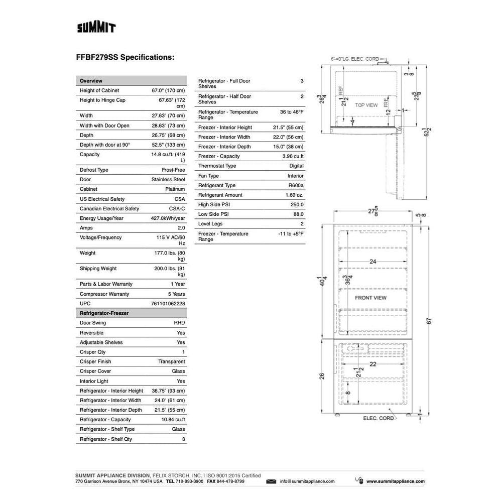 SUMMIT 28 in. Bottom Freezer Refrigerator in Stainless Steel (FFBF279SS) 