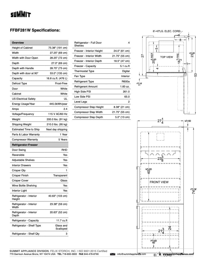 SUMMIT 28 in. Counter-Depth Bottom Freezer Refrigerator in White (FFBF281W) 