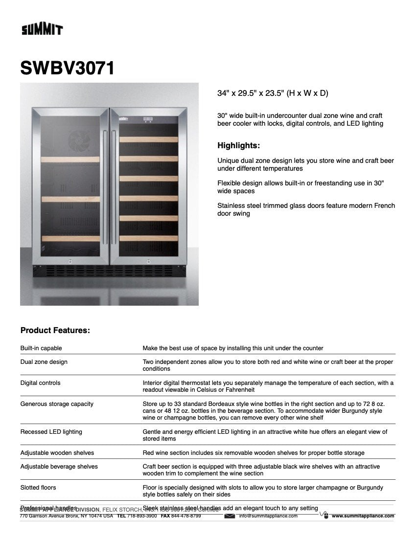 SUMMIT 30 in. Built-In Wine/Beverage Center (SWBV3071) 