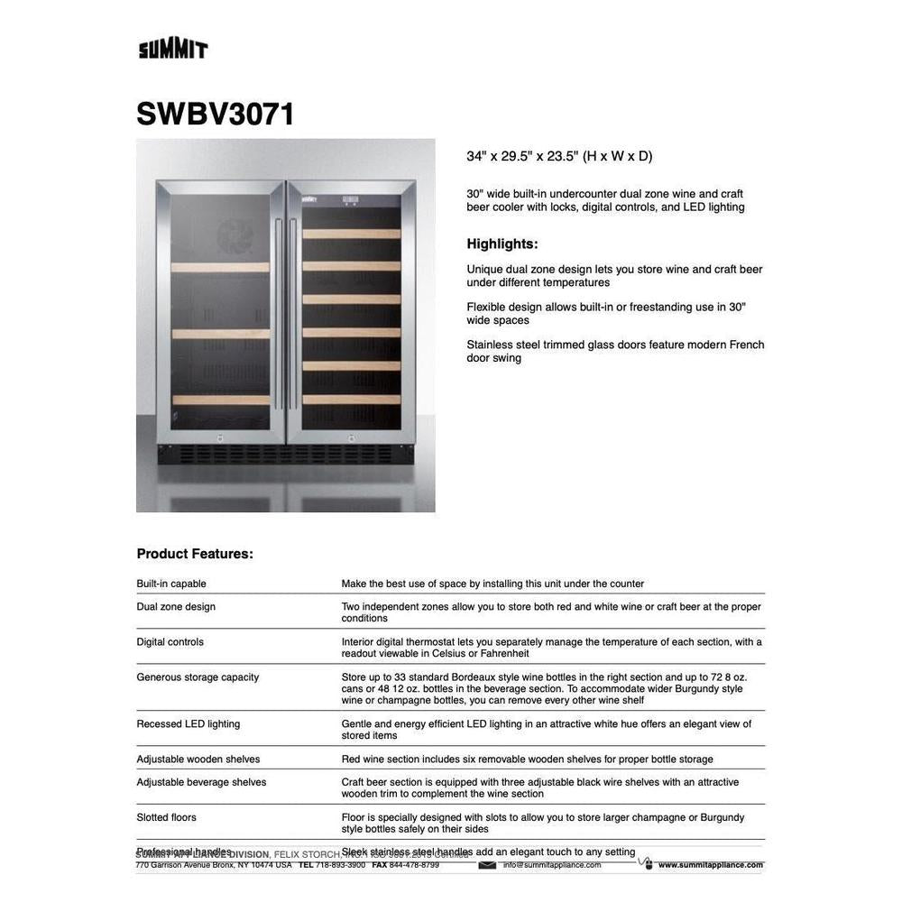 SUMMIT 30 in. Built-In Wine/Beverage Center (SWBV3071) 