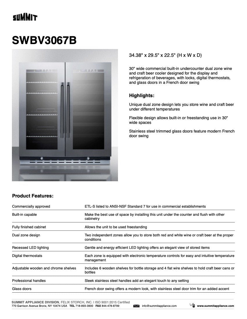 SUMMIT 30 in. Undercounter Built-In Wine/Beverage Center (SWBV3067B) 