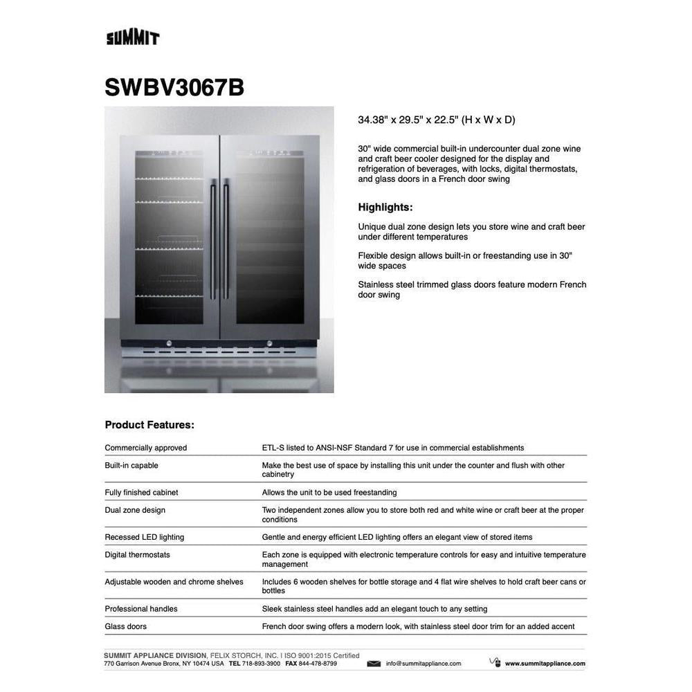 SUMMIT 30 in. Undercounter Built-In Wine/Beverage Center (SWBV3067B) 