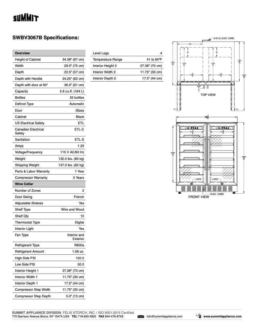 SUMMIT 30 in. Undercounter Built-In Wine/Beverage Center (SWBV3067B) 