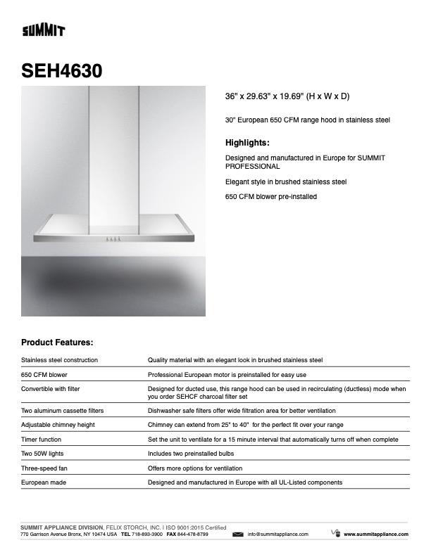 SUMMIT 30 in. Wall-Mounted Range Hood in Stainless Steel (SEH4630) 