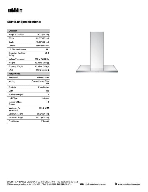 SUMMIT 30 in. Wall-Mounted Range Hood in Stainless Steel (SEH4630) 