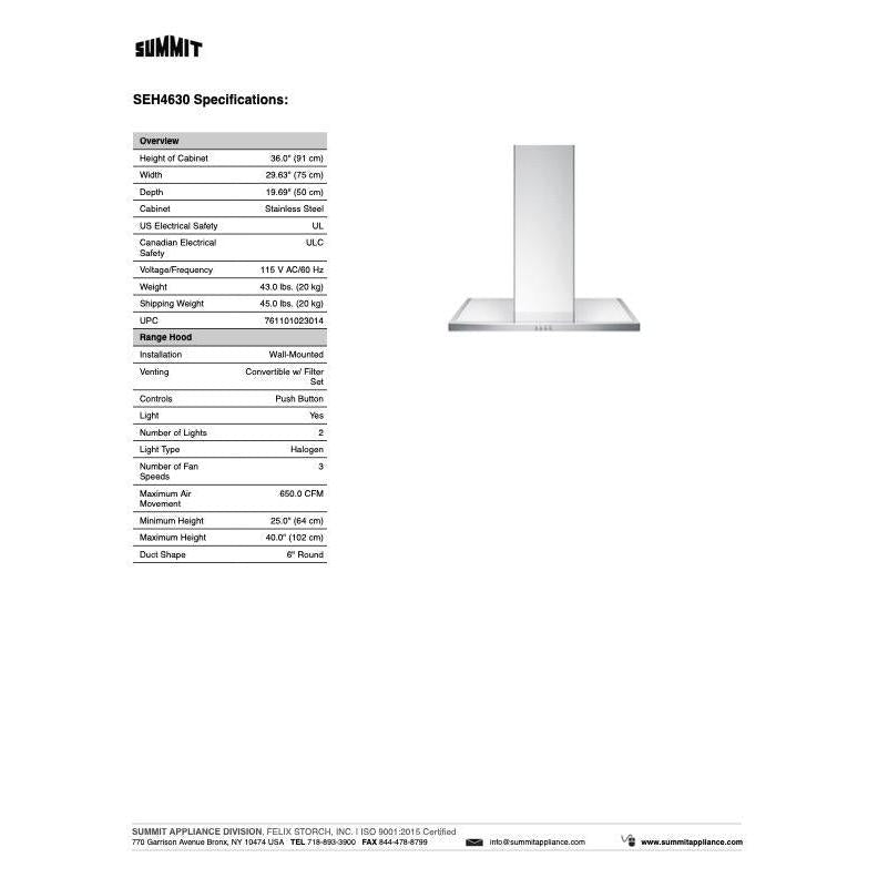 SUMMIT 30 in. Wall-Mounted Range Hood in Stainless Steel (SEH4630) 