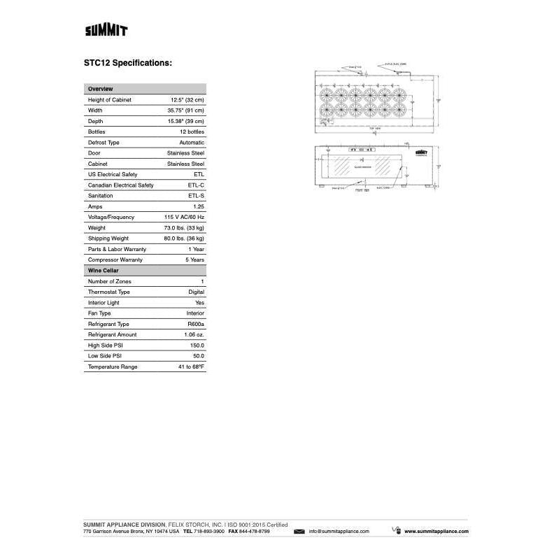 SUMMIT 36 in. 12-Bottle Countertop Wine Cooler (STC12) 