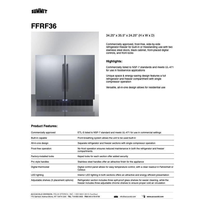 SUMMIT 36 in. Built-In Side-by-Side Refrigerator-Freezer (FFRF36) 