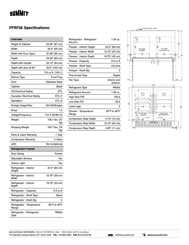 SUMMIT 36 in. Built-In Side-by-Side Refrigerator-Freezer (FFRF36) 