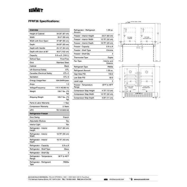 SUMMIT 36 in. Built-In Side-by-Side Refrigerator-Freezer (FFRF36) 