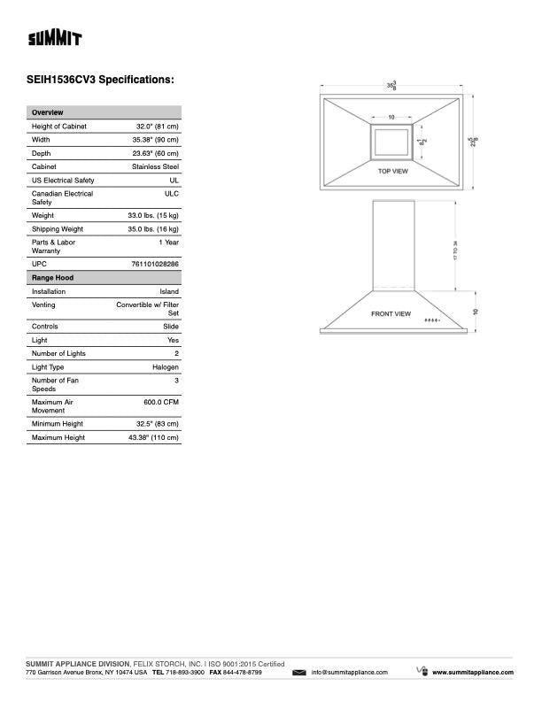 SUMMIT 36 in. Island Mount Range Hood (SEIH1536CV3) 