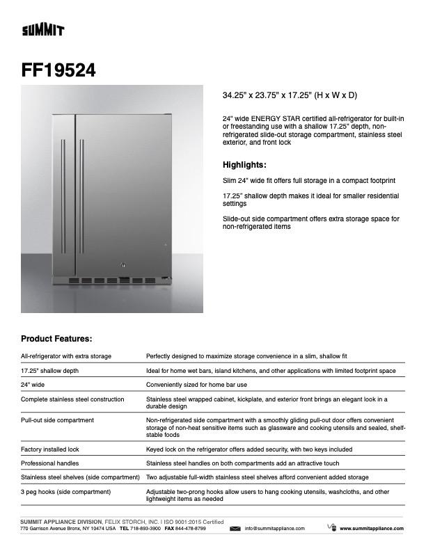 SUMMIT Shallow Depth 24 in. Built-In All-Refrigerator With Slide-Out Storage Compartment (FF19524) 