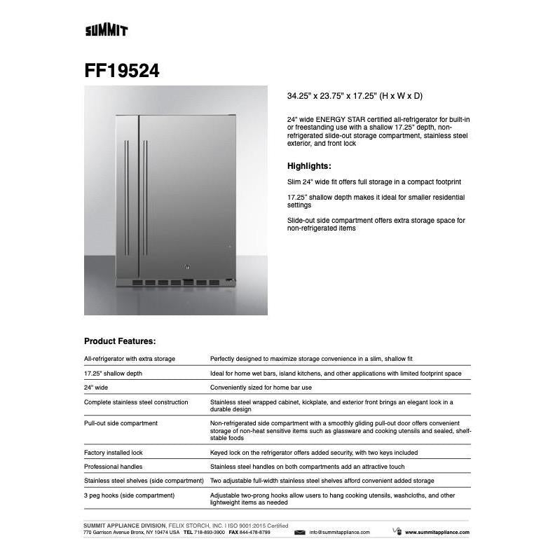 SUMMIT Shallow Depth 24 in. Outdoor Built-In Freezerless Refrigerator With Slide-Out Storage Compartment (SPR196OS24) 