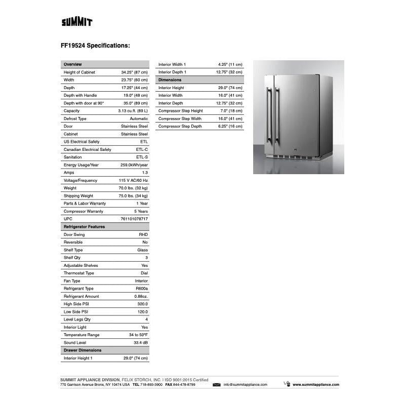 SUMMIT Shallow Depth 24 in. Outdoor Built-In Freezerless Refrigerator With Slide-Out Storage Compartment (SPR196OS24) 