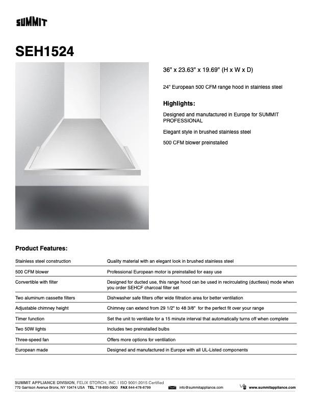 SUMMIT Wall-Mounted Range Hood (SEH15) 